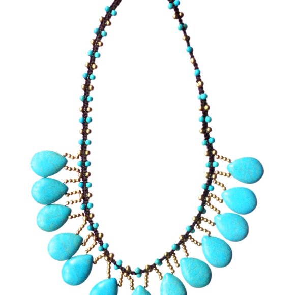 Turquoise stone necklace with teardrop shape stones, gold beads, fabric necklace - Picture 4 of 10